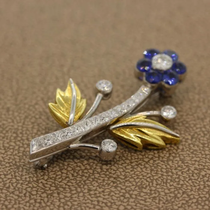 Sapphire Diamond Platinum Gold Flower Brooch