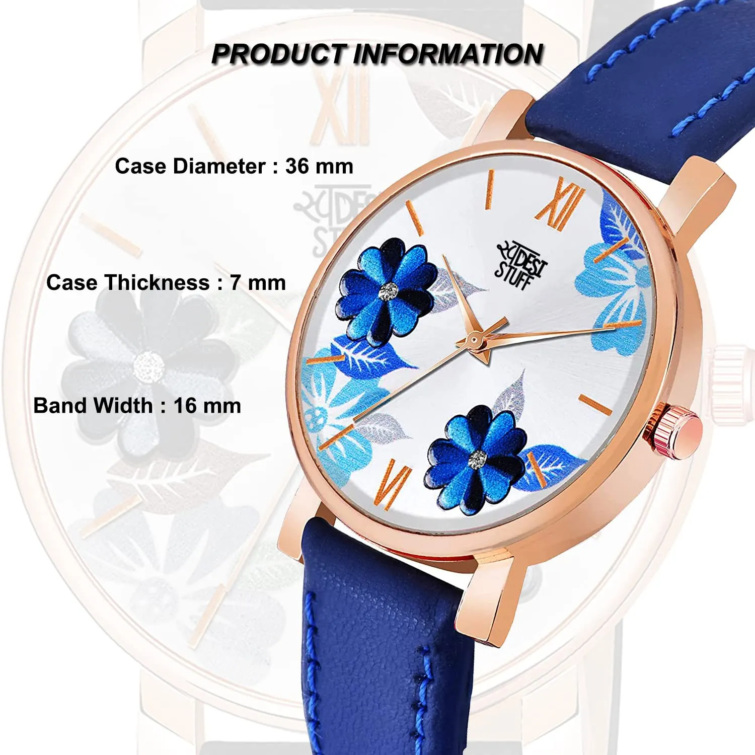 SWADESI STUFF Blue Color Flower Dial Premium Leather Strap Analog Watch for Women and Girls