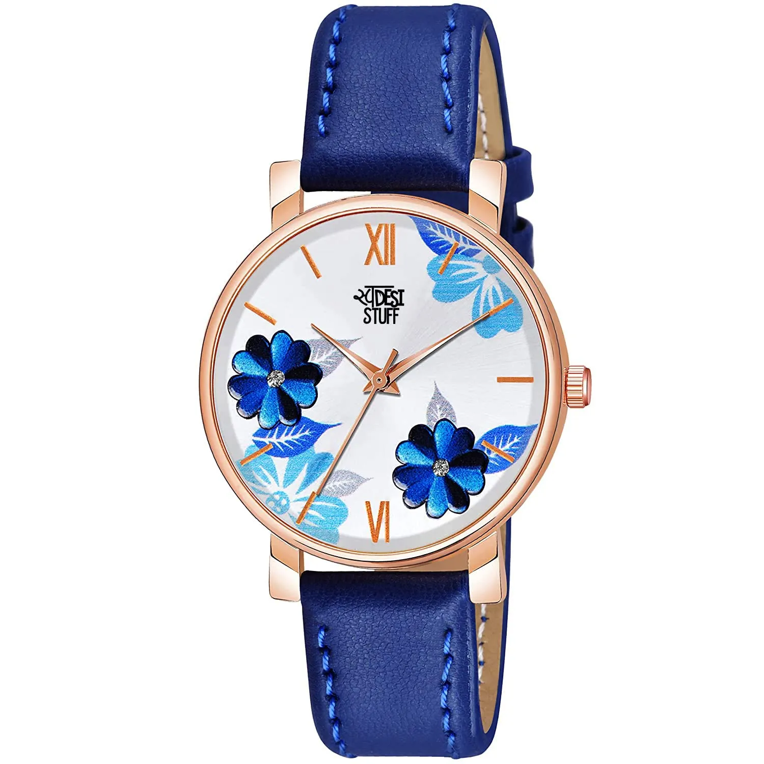 SWADESI STUFF Blue Color Flower Dial Premium Leather Strap Analog Watch for Women and Girls