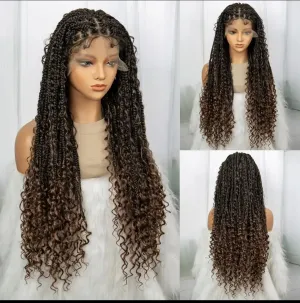 Synthetic Lace Front Knotless Box Braided Wigs for Black Women Lace Frontal Braiding Hair Wig with Curly Ends