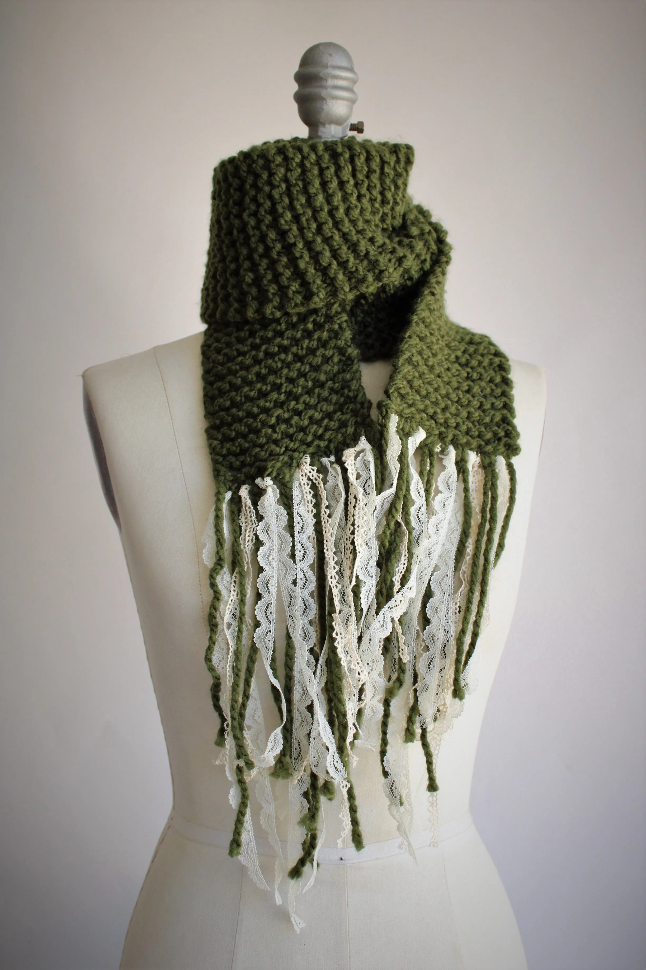 The Meadow Knit Scarf With Lace Fringe, Handknit