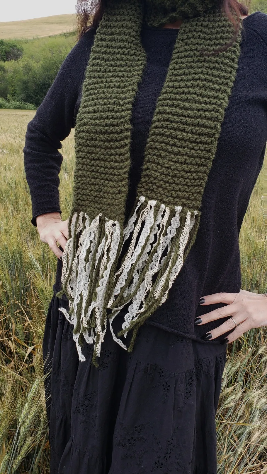 The Meadow Knit Scarf With Lace Fringe, Handknit