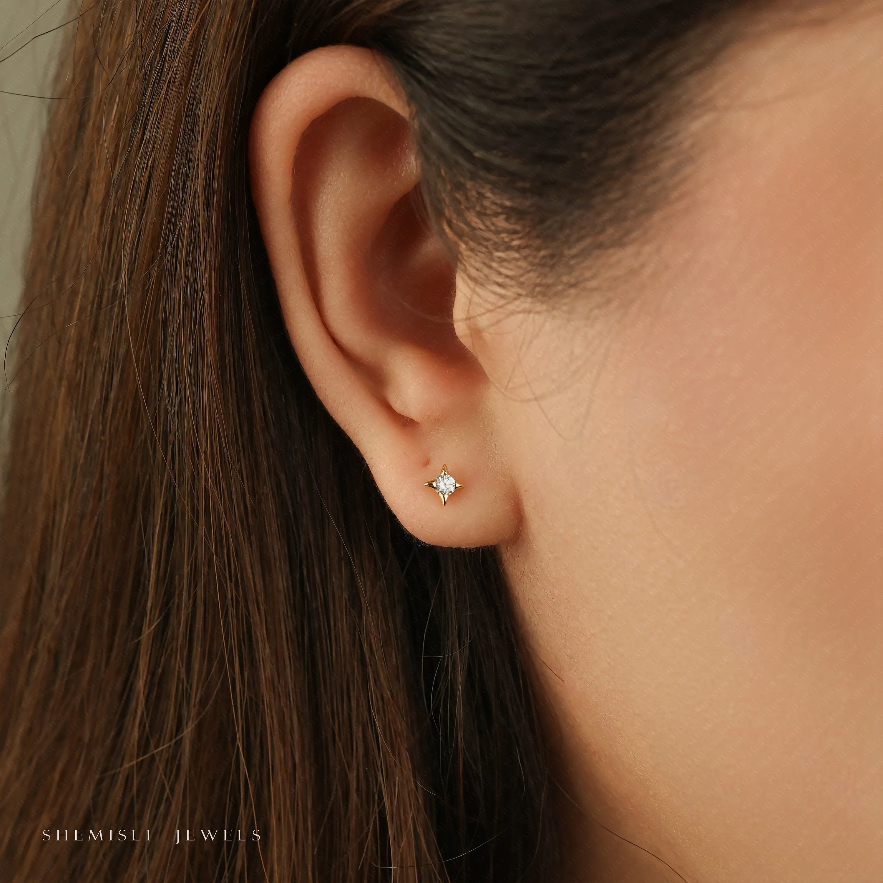 Tiny 4 Pointed Star With White Gem Stud Earrings With Screw Ball End, Unisex, Gold, Silver SHEMISLI SS955