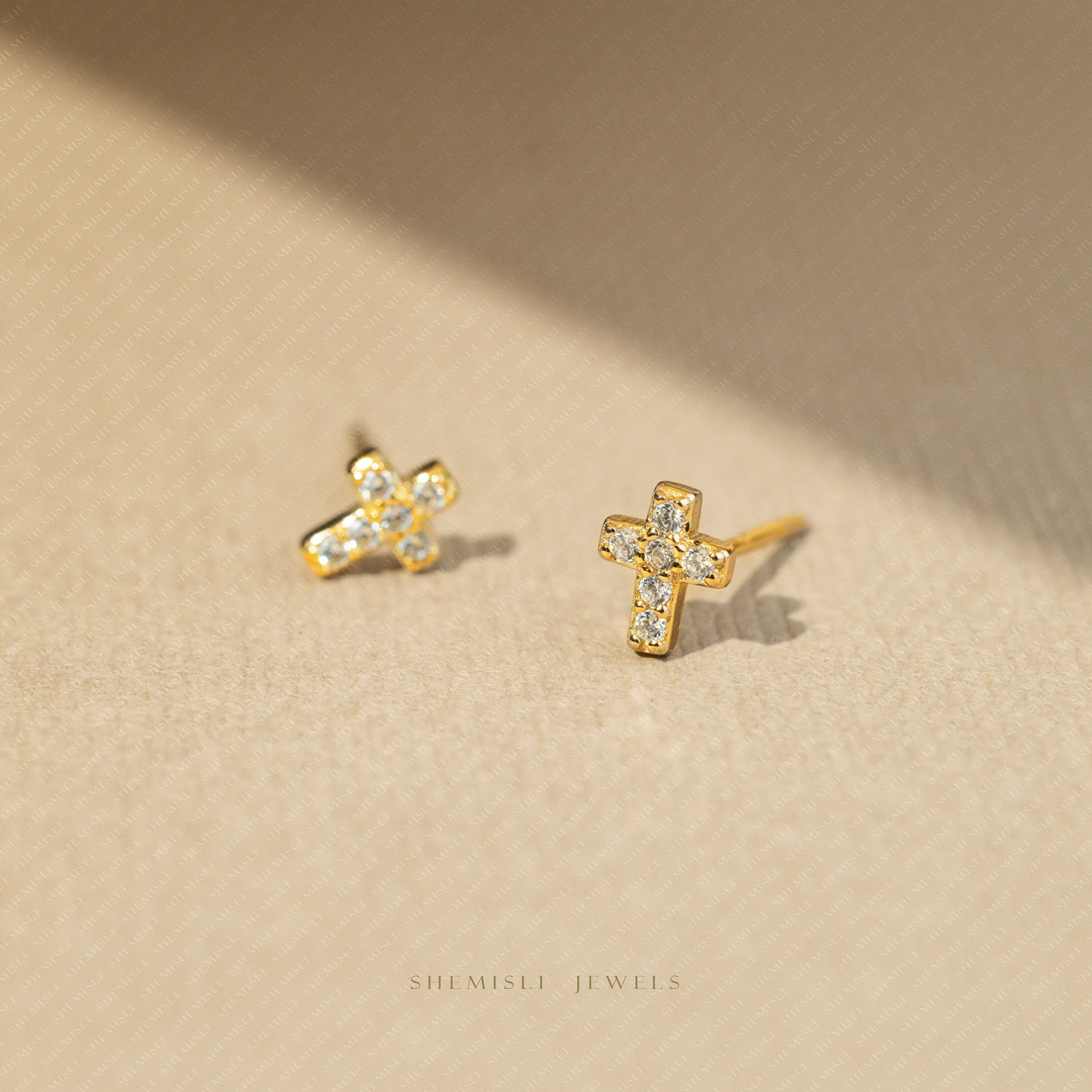 Tiny Cross CZ Studs Earrings, Unisex, Gold, Silver SHEMISLI SS046