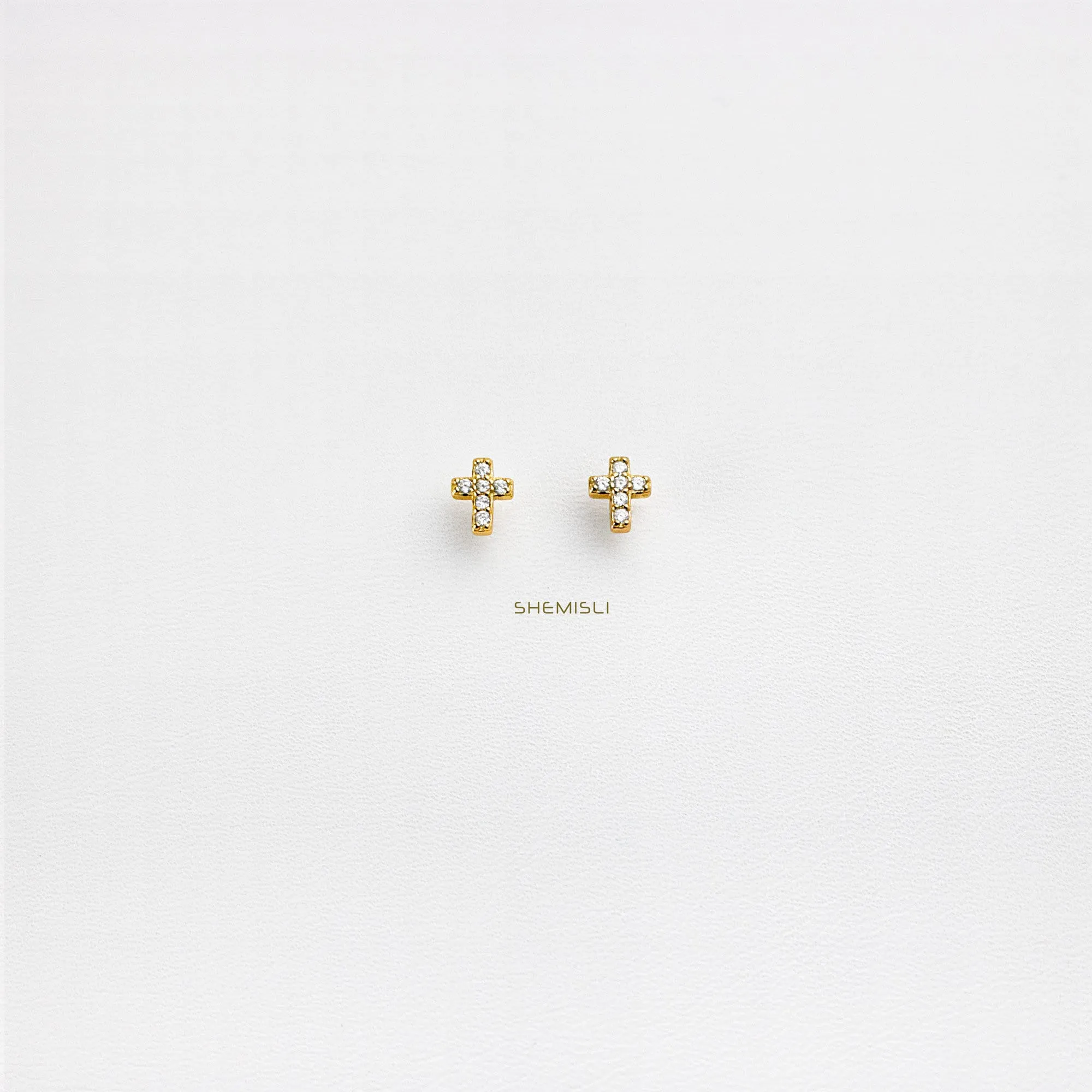 Tiny Cross CZ Studs Earrings, Unisex, Gold, Silver SHEMISLI SS046