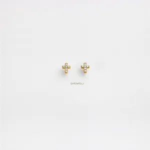 Tiny Cross CZ Studs Earrings, Unisex, Gold, Silver SHEMISLI SS046