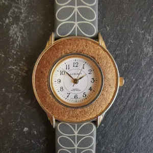 Vintage LUXURY Gold Plated Women's Quartz Watch // Unique Cork Bezel // Genuine Leather Strap