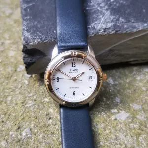 Vintage TIMEX Chrome And Gold Plated Women's Quartz Watch // Date Display // Genuine Leather Navy Strap // Indiglo Function