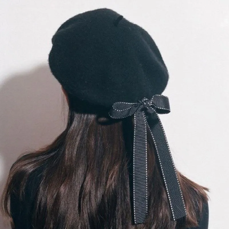 Womens Ladies vegan Leather Beret ,Harajuku Wool Basque Hat With Bowknot - Black