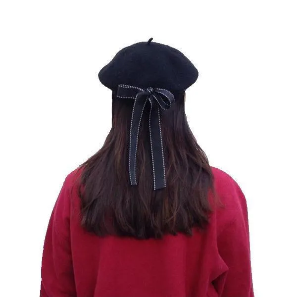 Womens Ladies vegan Leather Beret ,Harajuku Wool Basque Hat With Bowknot - Black