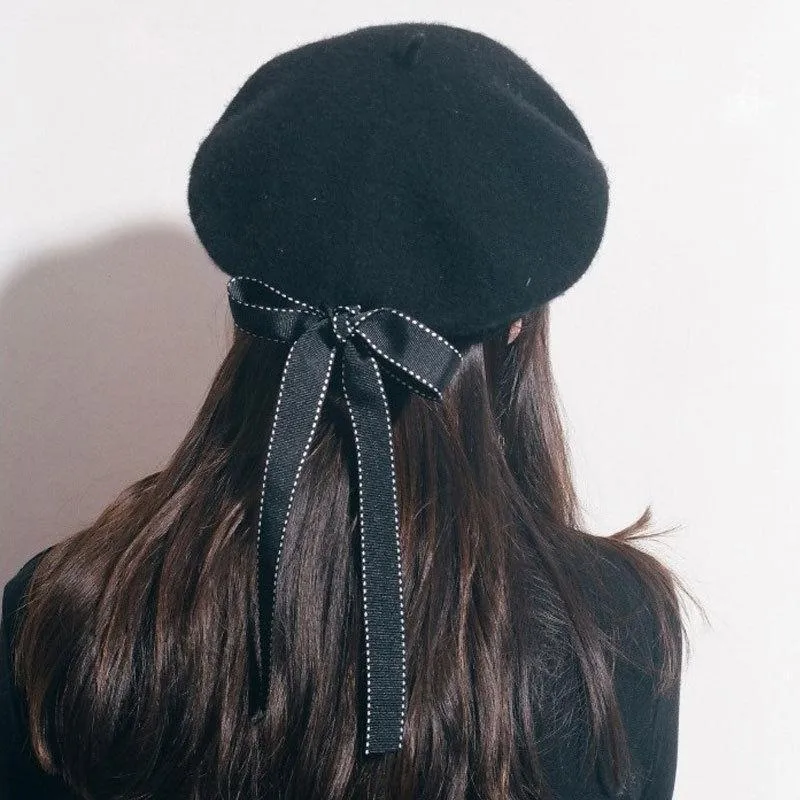 Womens Ladies vegan Leather Beret ,Harajuku Wool Basque Hat With Bowknot - Black